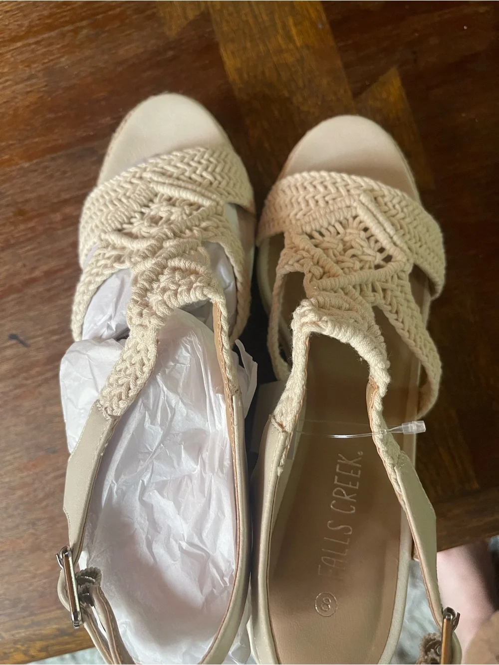 Falls Creek Cream Macramé Wedge Sandals with Ankle Buckle